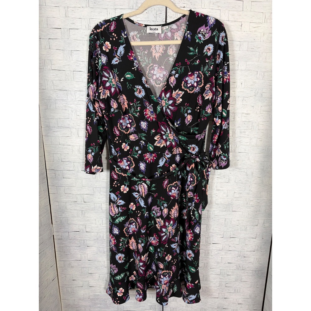 Leota Womens Dress Floral Faux Wrap Multi‎ Color 3/4 Sleeve V-Neck feminine